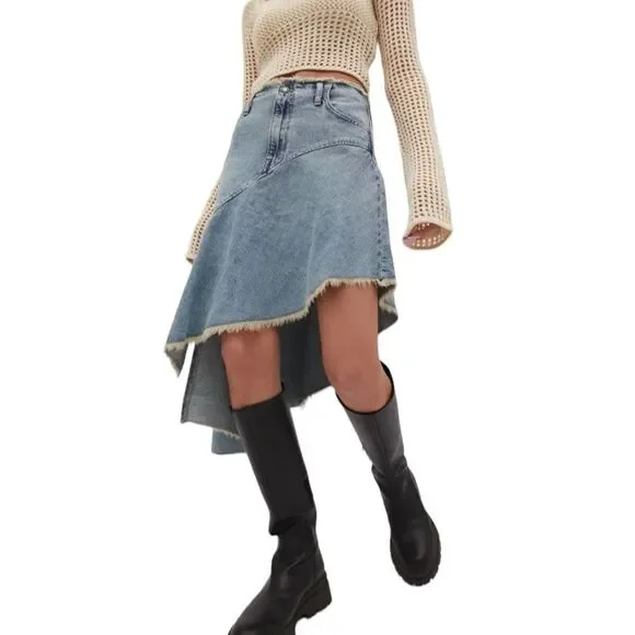 STRADIVARIUS | Blue | ASYMMETRIC DENIM SKIRT WITH RUFFLE TRIM - Picture 9 of 15